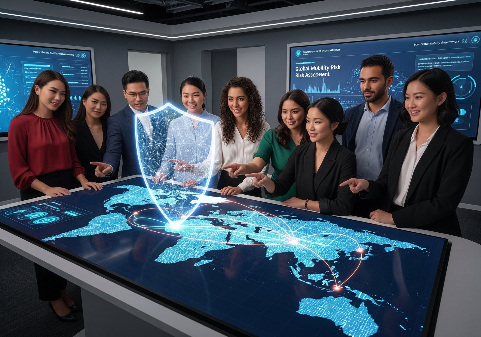 A diverse group of university staff and international students collaborating around a glowing digital dashboard with a holographic safety network over a world map, symbolizing AI-powered risk management for global student mobility.