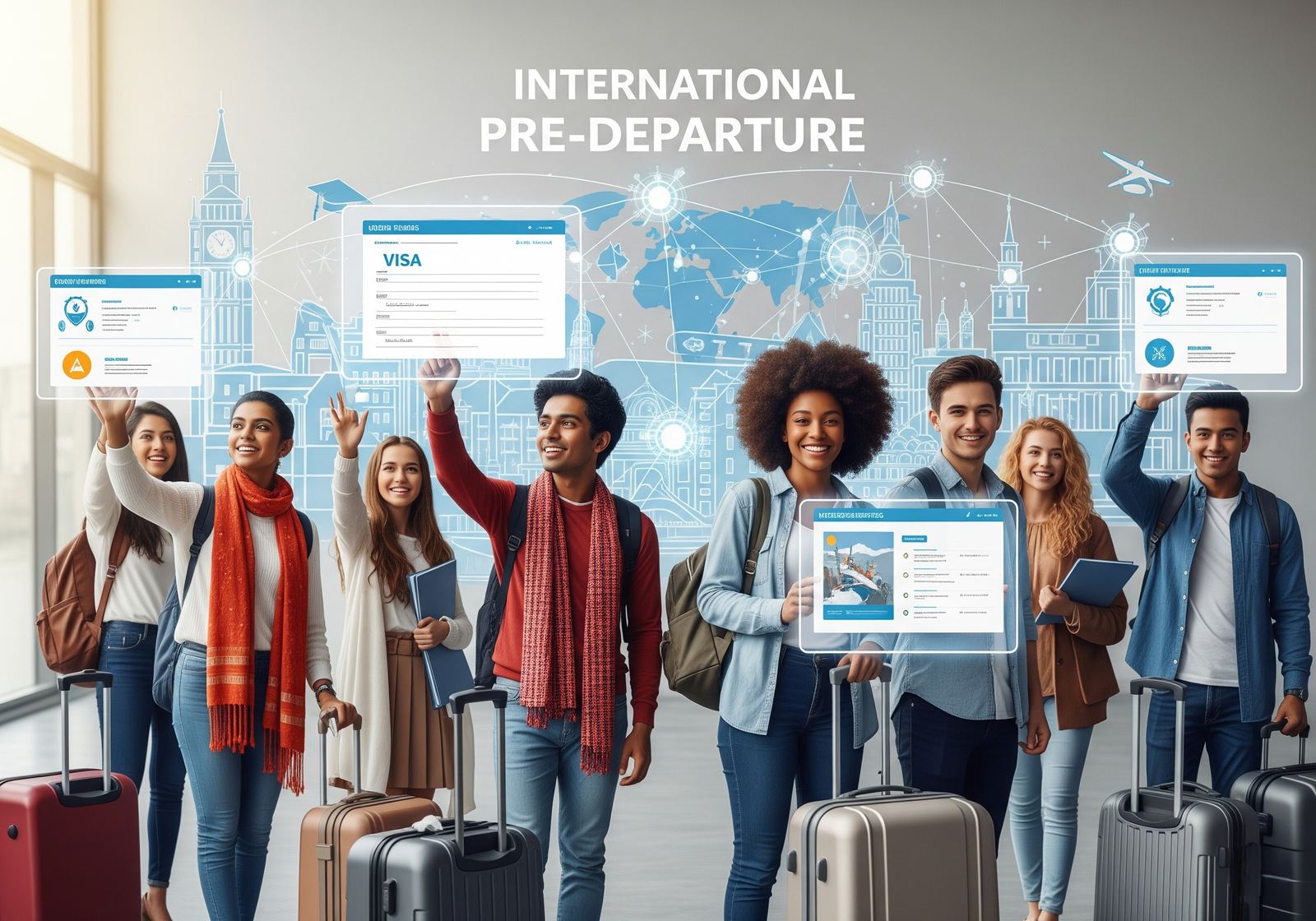 the student from around the world standing together and using AI for their Pre departure needs