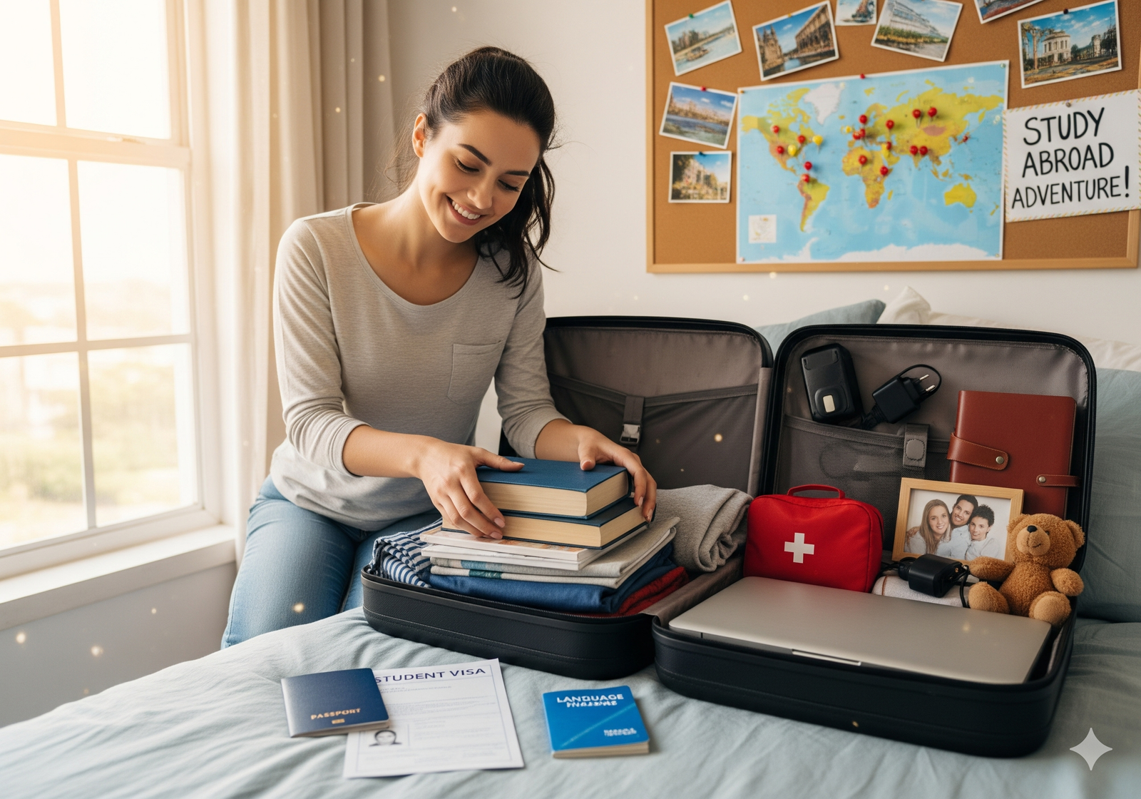 A smiling young woman preparing for study abroad, kneeling by a suitcase with a passport, student visa, and a world map on a corkboard. The image captures the excitement of global education and international student life