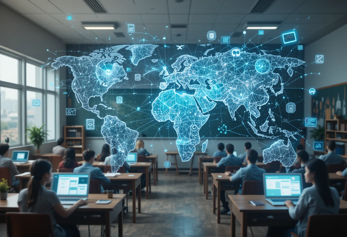 A digital collage depicting various educational settings around the world, from traditional classrooms and modern university buildings to outdoor learning spaces, all interconnected by glowing blue circuit lines and AI-themed digital nodes.