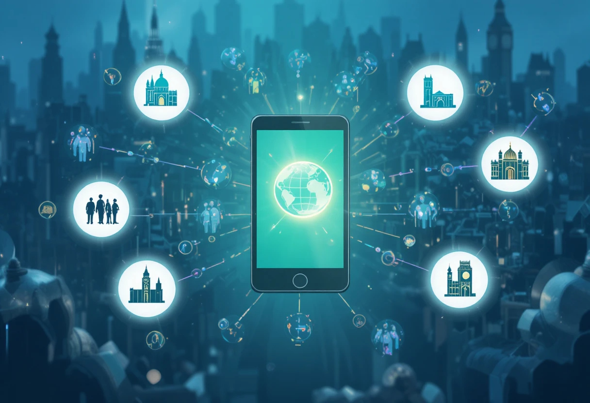 A digital illustration of a smartphone at the center, with glowing lines connecting to icons representing global landmarks and students. A network shield surrounds the phone, symbolizing a crisis communication plan.